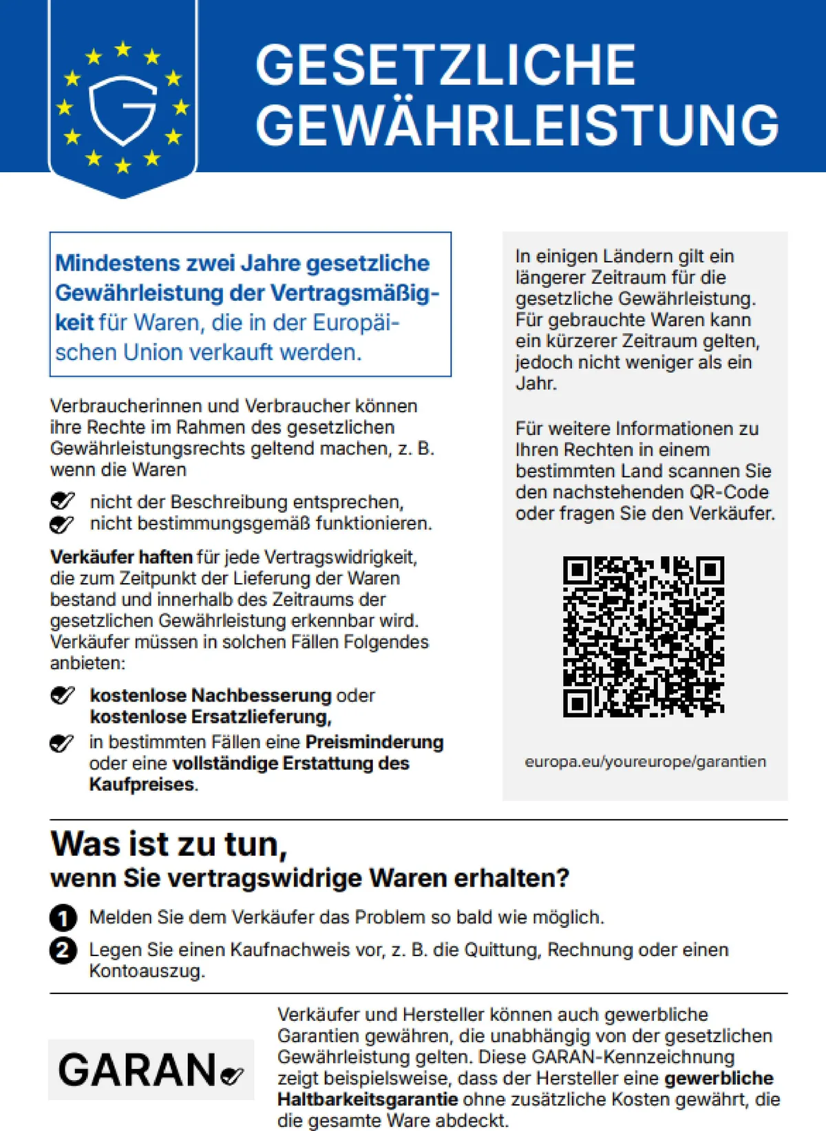Harmonisierte Mitteilung der Europäischen Kommission: Gesetzliche Gewährleistung von mindestens zwei Jahren für Waren, die in der Europäischen Union verkauft werden.